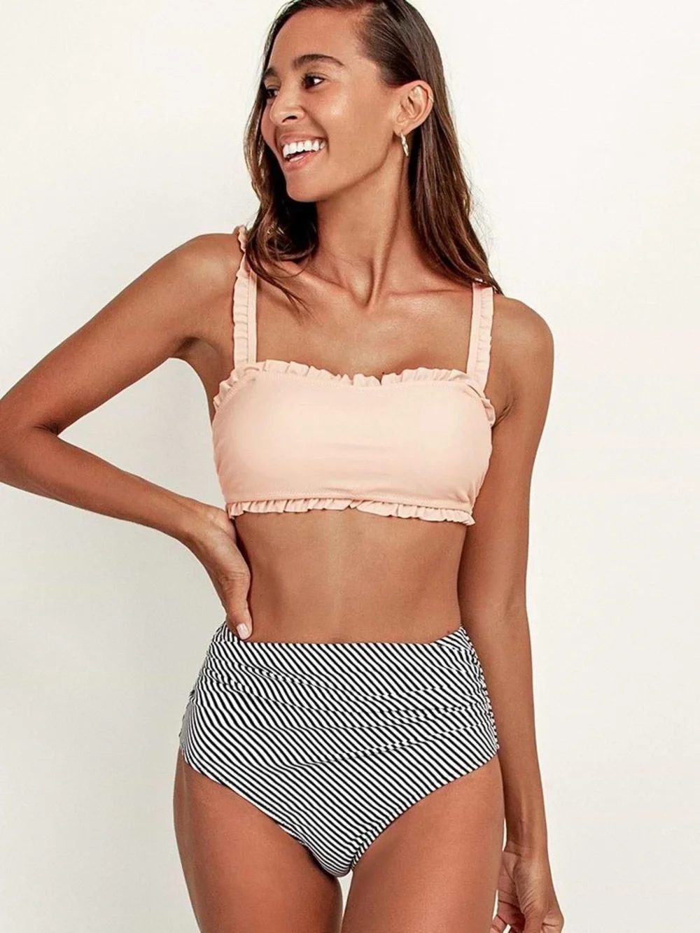 Ruffled Pale Pink Bikini Top with Black & White Striped High-Waist Bottoms